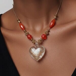 Artisan‎ Glass Heart Pendant Necklace Red Beaded Gold Tone Swirl Romantic Boho